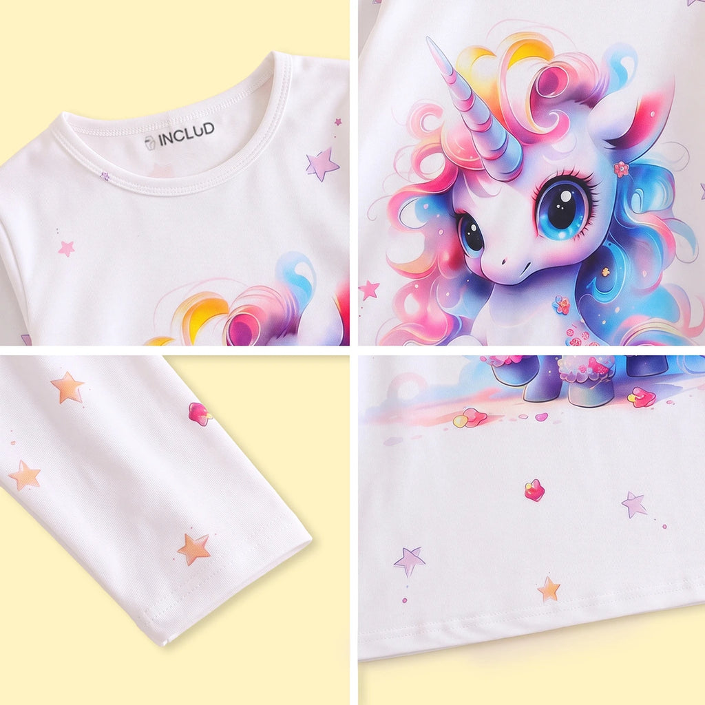 Girls White Unicorn Printed T-Shirt Dress Casual Dresses