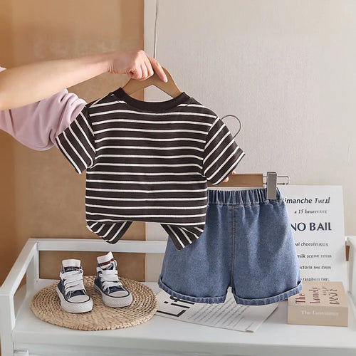 Boys Dark Brown Striped T-Shirt With Pocket & Denim Shorts Sets Sets