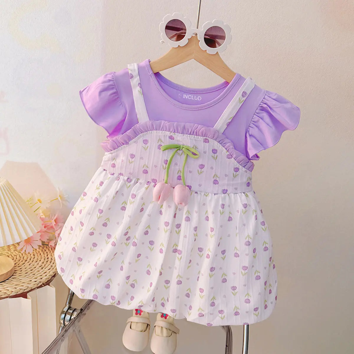 Girls Purple Floral Printed Short Sleeve Balloon Dress Casual Dresses Purple 1-2 Y