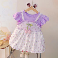 Girls Purple Floral Printed Short Sleeve Balloon Dress Casual Dresses Purple 1-2 Y