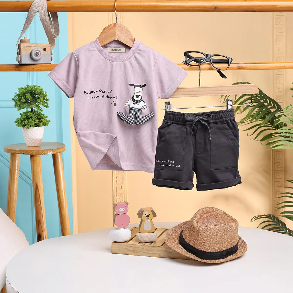 Boys Lilac Cartoon Characters Printed T-Shirt With Twill Shorts Sets 2 pc. Sets Lilac 0-3 M