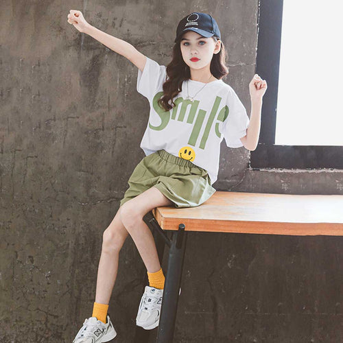 Girls Smile Print Short Sleeve T-Shirt With Shorts Set 2 pc. Sets White 3-4 Y 