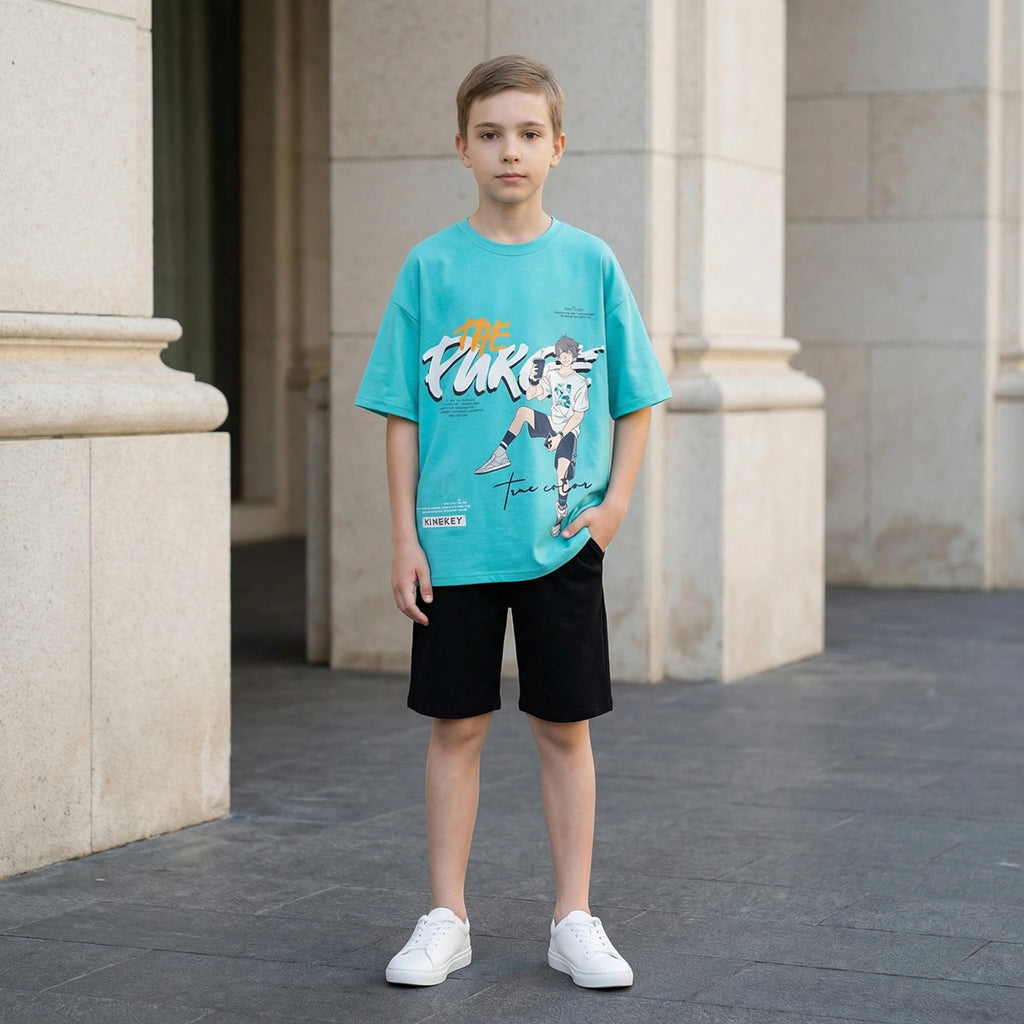 Boys Light Blue Graphics Short Sleeves Oversized T-Shirt With Shorts Set Sets Light Blue 5-6 Y