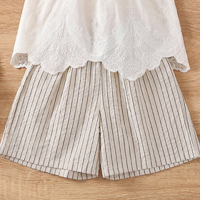 Girls White Sleeveless Scalloped Top With Striped Shorts Sets 2 pc. Sets