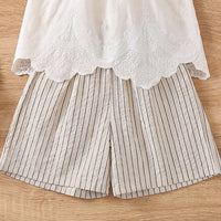 Girls White Sleeveless Scalloped Top With Striped Shorts Sets 2 pc. Sets