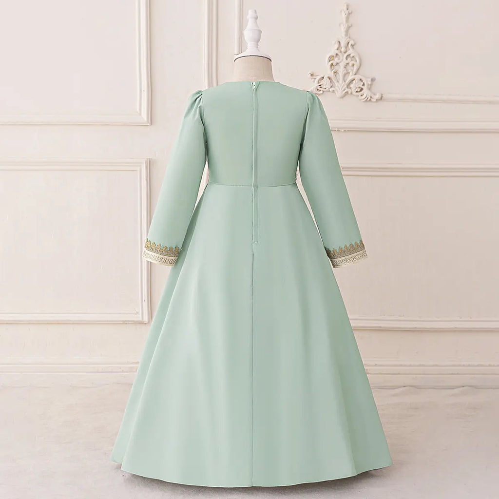 Girls Mint Green Long Sleeves Embroidered Maxi Dress Casual Dresses