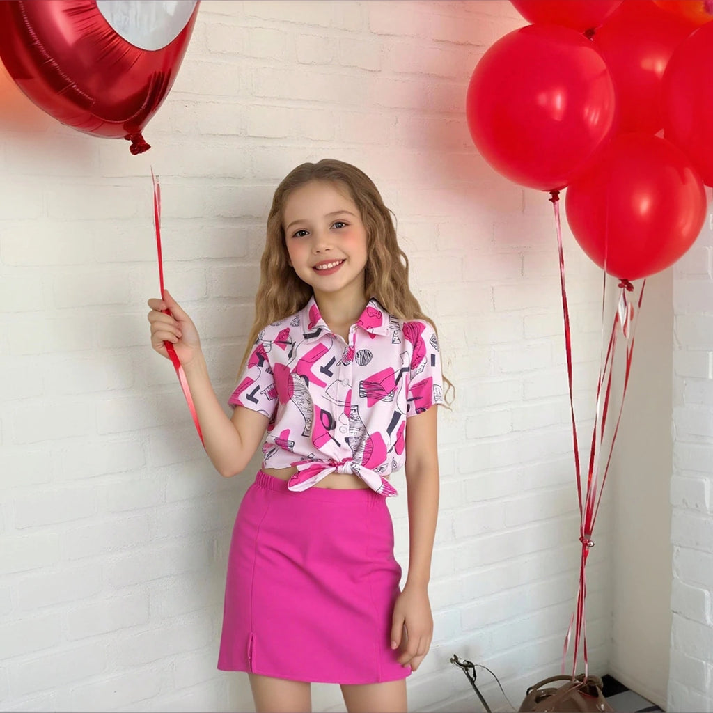 Girls Fuchsia Abstract Printed Short Sleeves Top With Skirt Sets Sets