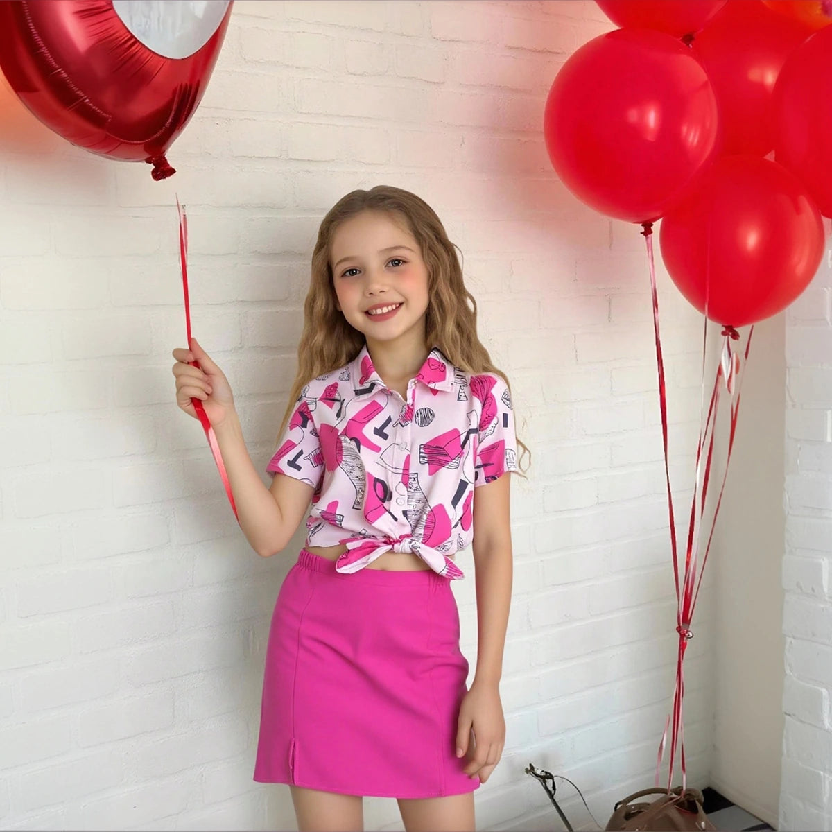 Girls Fuchsia Abstract Printed Short Sleeves Top With Skirt Sets Sets