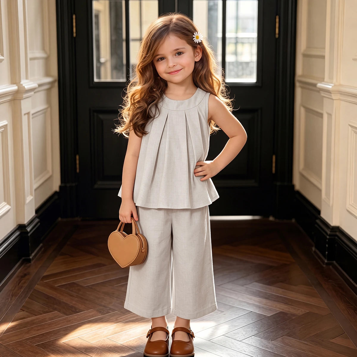 Girls Beige Pleated Sleeveless Top With Pants Sets 2 pc. Sets