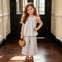 Girls Beige Pleated Sleeveless Top With Pants Sets 2 pc. Sets