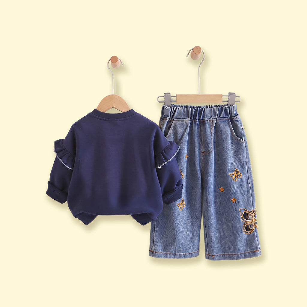 Girls Navy Butterfly Embellished Sweatshirt & Denim Pants Sets Sets