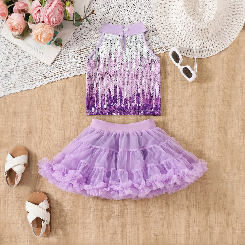 Girls Purple Sequins Embellished Halter Top With Tiered Tulle Skirts Set Sets