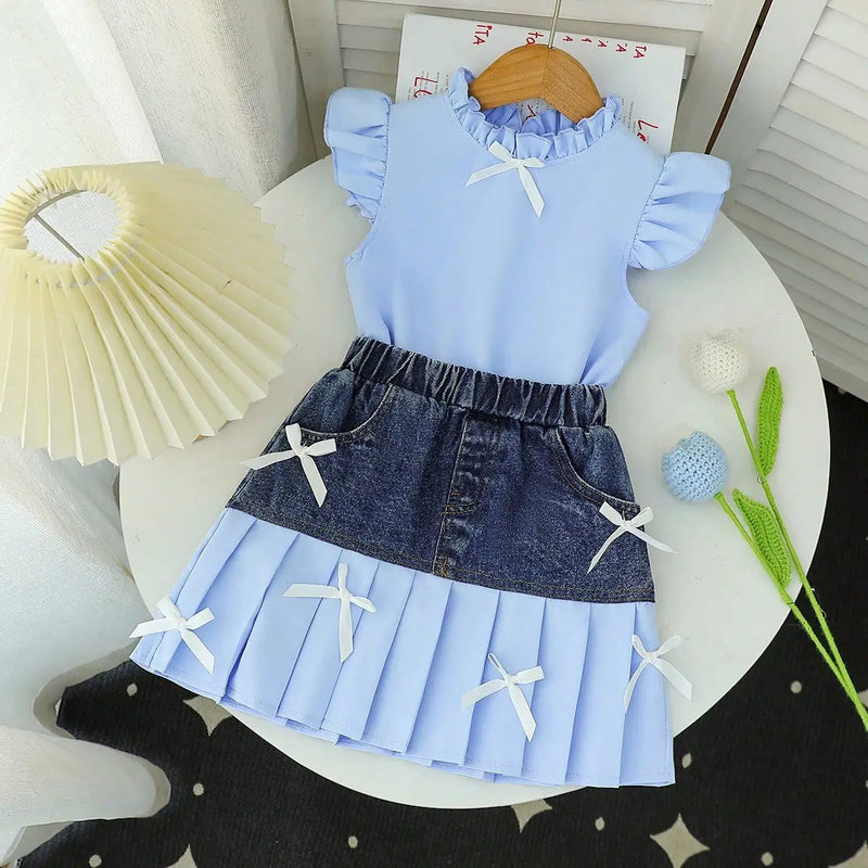 Girls Light Blue Ruffle Neck Top With Pleated Skirt Sets Sets Light Blue 3-4 Y