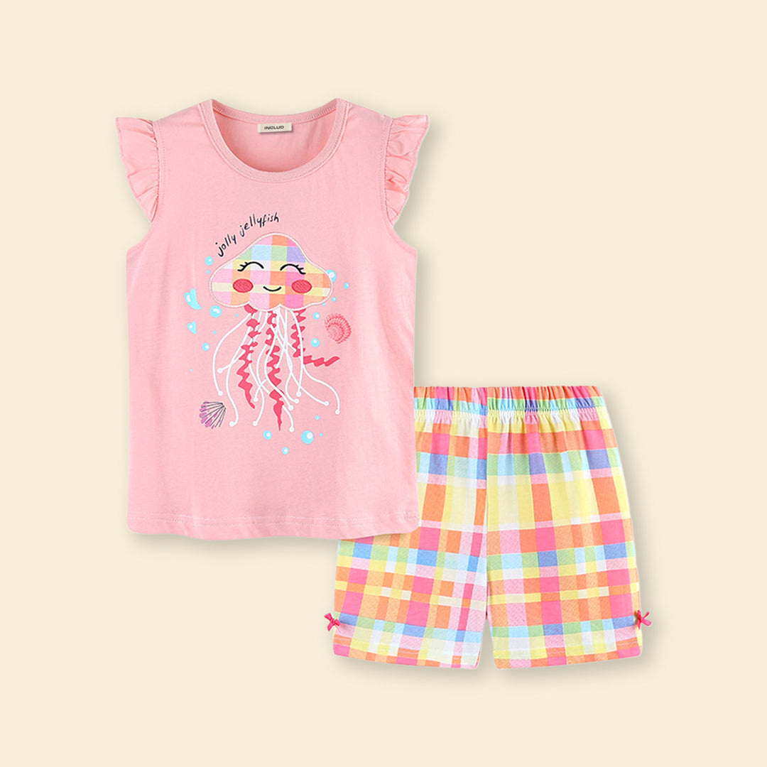 Girls Jellyfish Applique Top With Check Shorts 2 pc. Sets   
