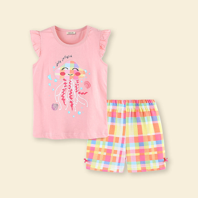 Girls Jellyfish Applique Top With Check Shorts 2 pc. Sets   