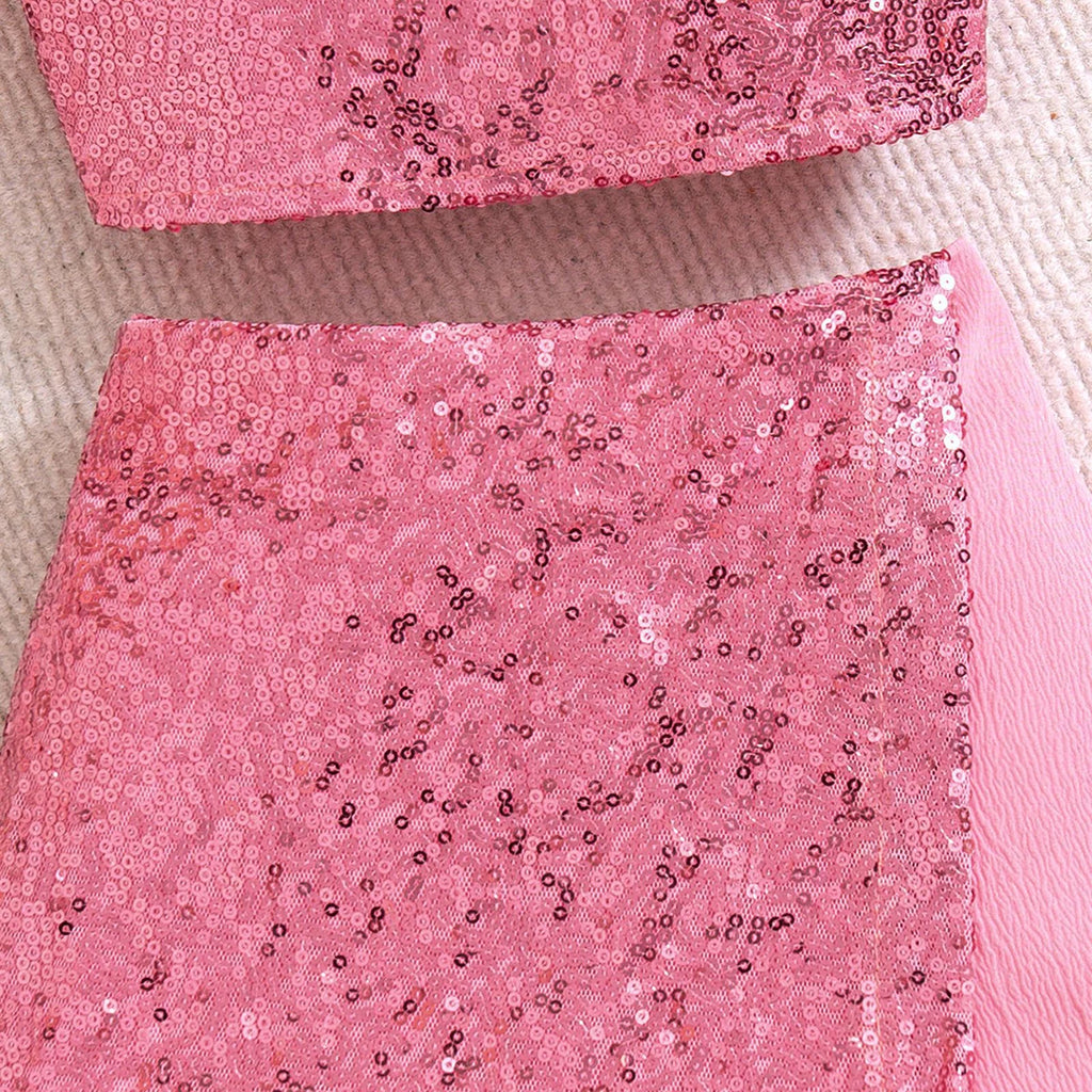 Girls Pink Sequins Embellished Flutter Sleeve Top With Shorts Sets 2 pc. Sets