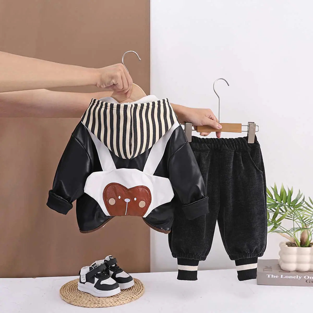 Boys Black Faux Leather Jacket With Striped Hooded Sweatshirt & Jogger Sets Sets