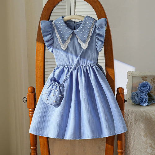Girls Blue Pearl-Embellished Collar Fit & Flare Dress Casual Dresses Blue 3-4 Y