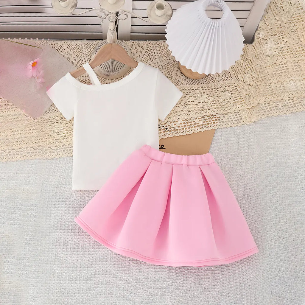 Girls 3D Flower Applique Top With Pink Bow Applique Skirt Sets Sets