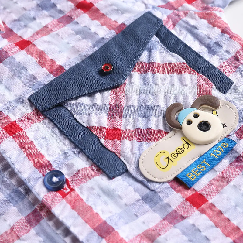 Boys Blue Checked Applique Shirt With Elasticated Shorts Sets 2 pc. Sets