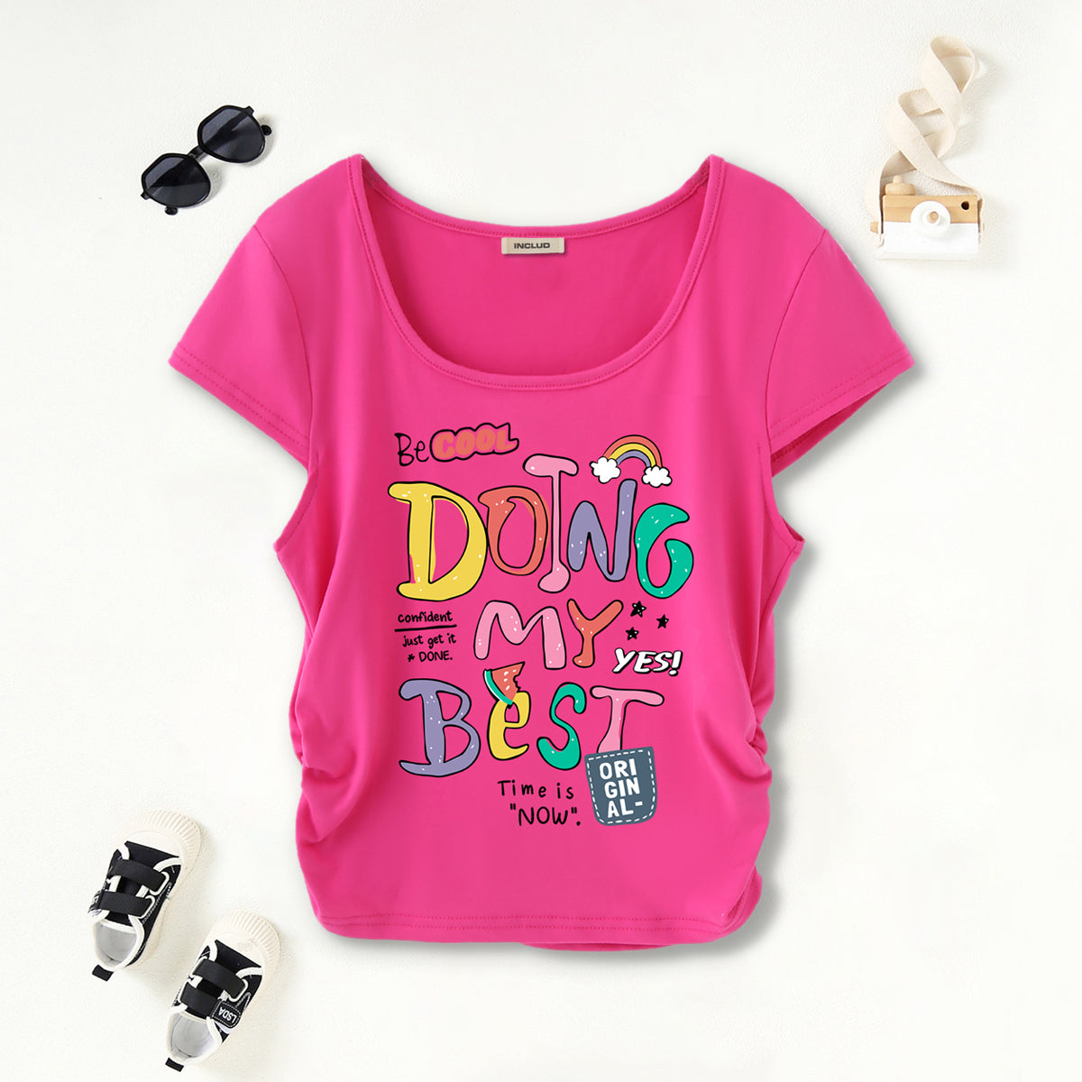 Girls Fuchsia Typographic Print Short Sleeves Scoop Neck T-Shirt Tshirts Fuchsia 7-8 Y
