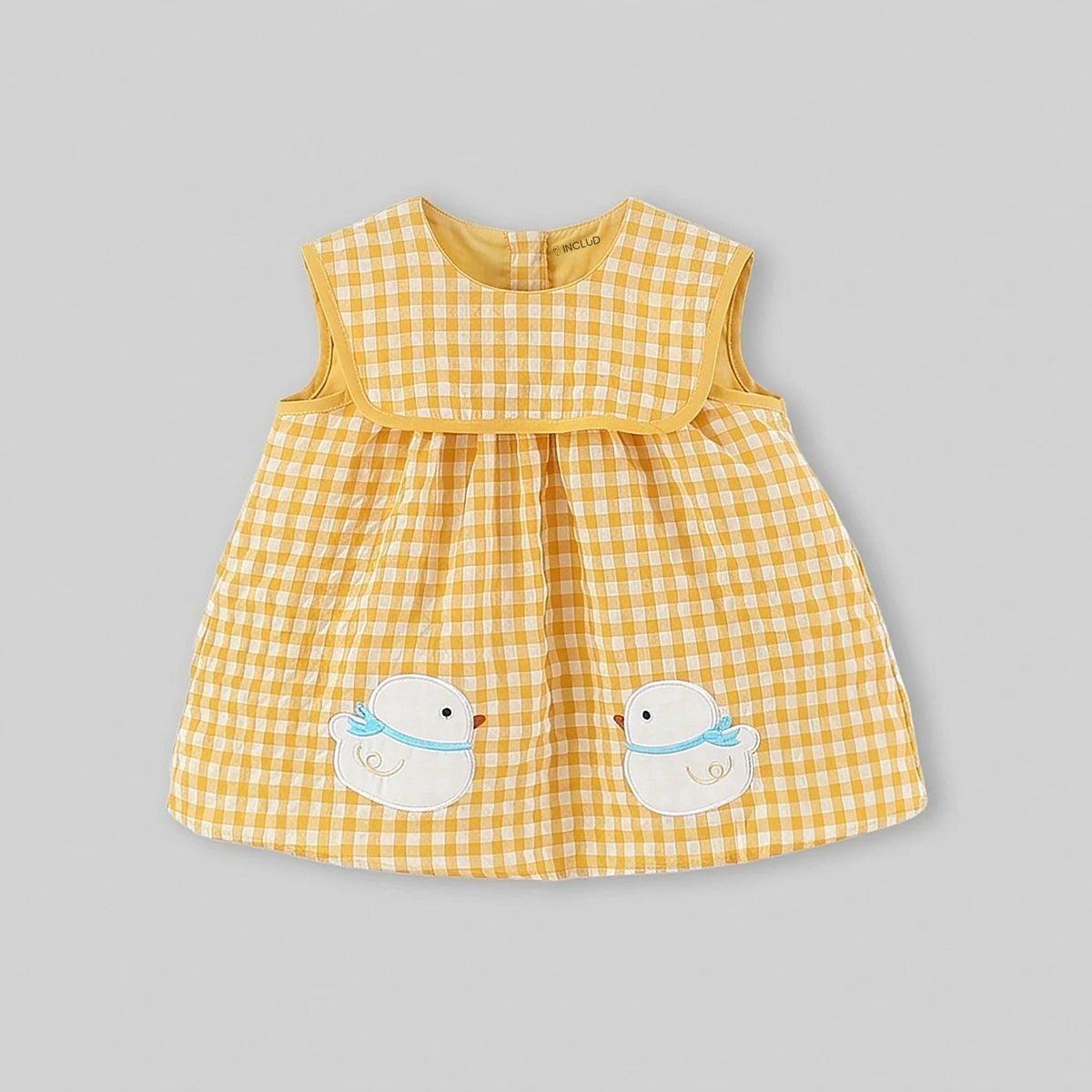 Girls Yellow Checked Duck Applique Fit & Flare Dress Casual Dresses