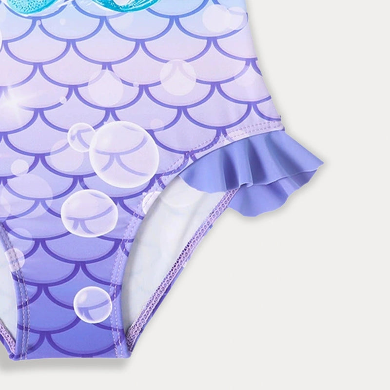Girls Blue Mermaid Print Swimwear Bodysuit Beachwear