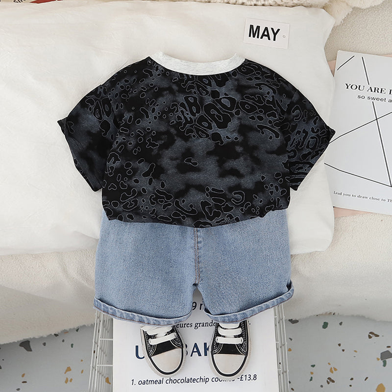 Boys Black Abstract Printed Short Sleeves Round Neck T-Shirt With Denim Shorts Set 2 pc. Sets