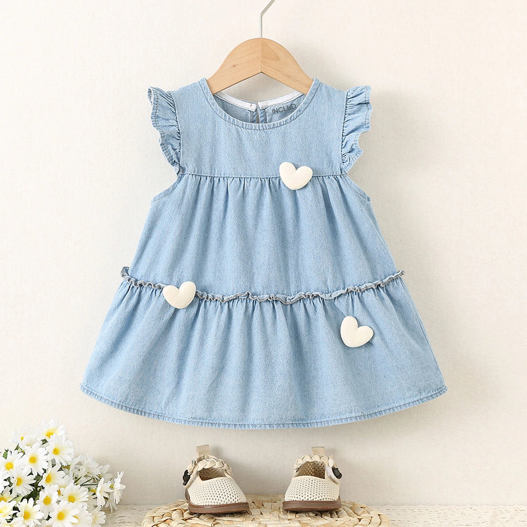 Girls Blue Heart Applique Layered Denim Dress Casual Dresses Blue 1-2 Y