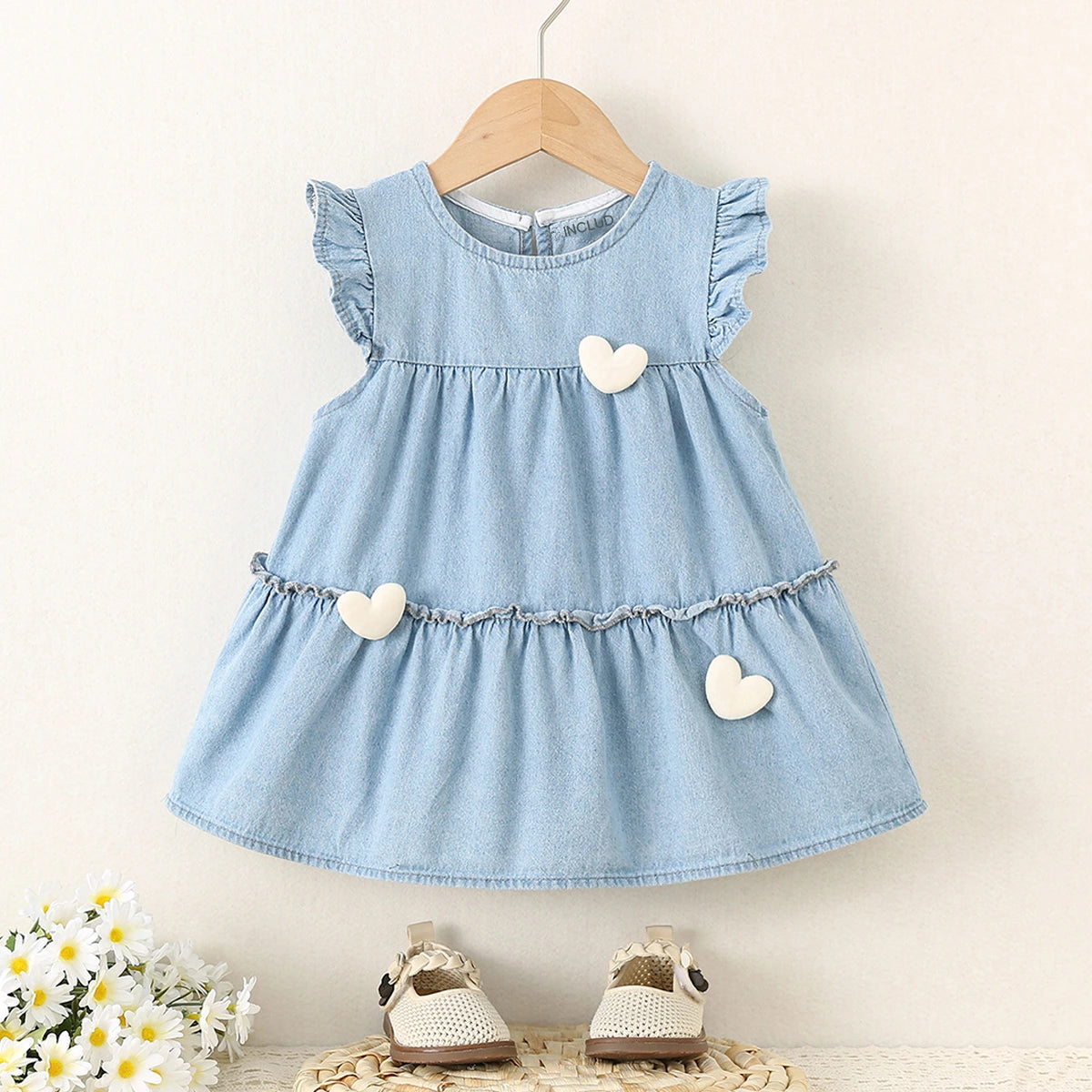 Girls Blue Heart Applique Layered Denim Dress Casual Dresses Blue 1-2 Y
