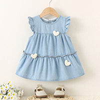 Girls Blue Heart Applique Layered Denim Dress Casual Dresses Blue 1-2 Y