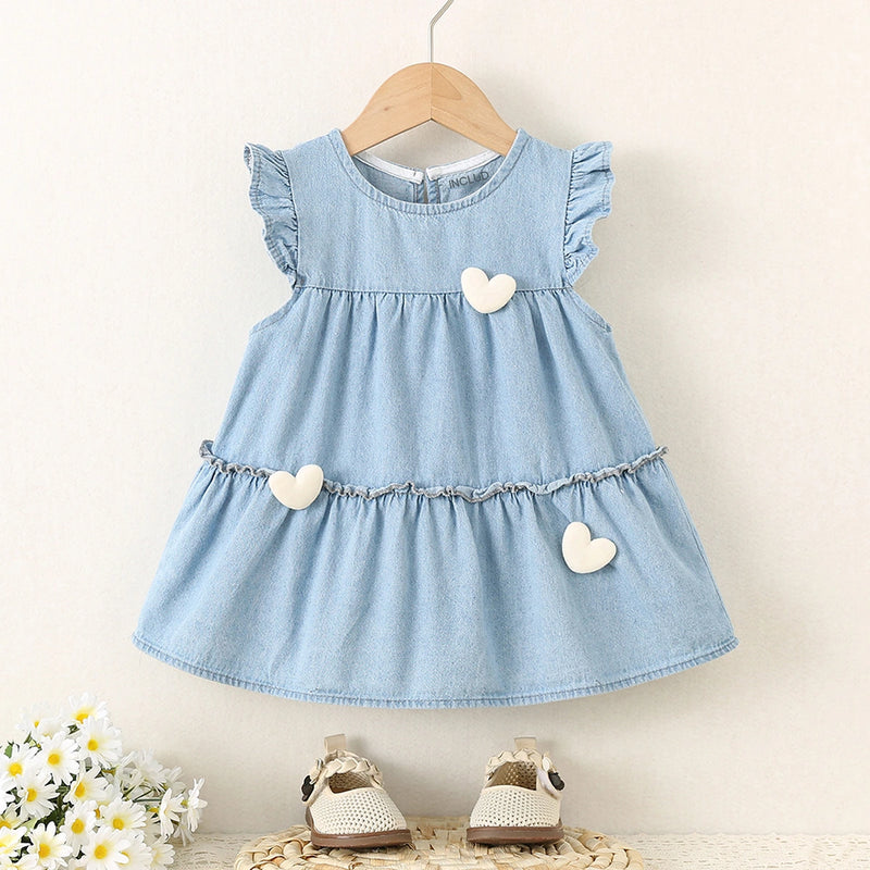 Girls Blue Heart Applique Layered Denim Dress Casual Dresses Blue 1-2 Y