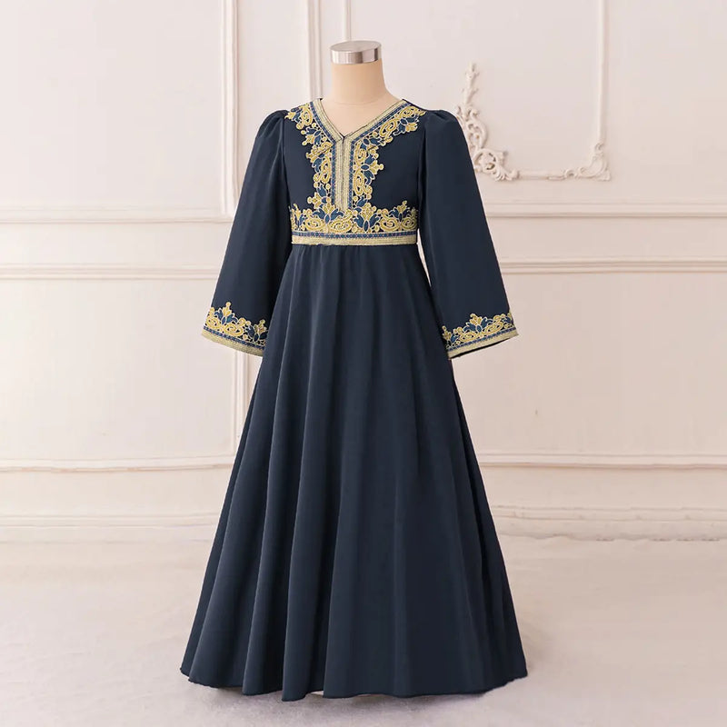 Girls Dark Grey Embroidered Drop-Waist Dress With Long Sleeeves Casual Dresses