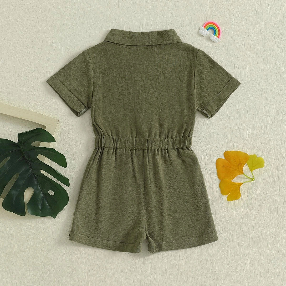 Girls Olive Green Button Front Short Sleeve Romper With Bow Detail Playsuits