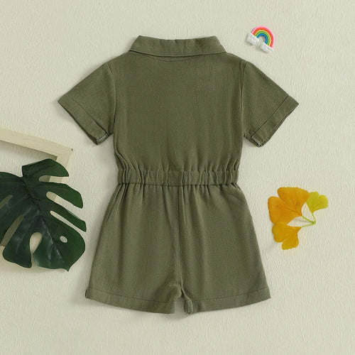 Girls Olive Green Button Front Short Sleeve Romper With Bow Detail Playsuits