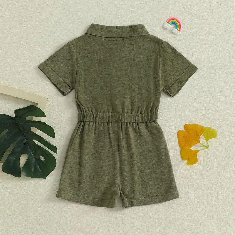 Girls Olive Green Button Front Short Sleeve Romper With Bow Detail Playsuits