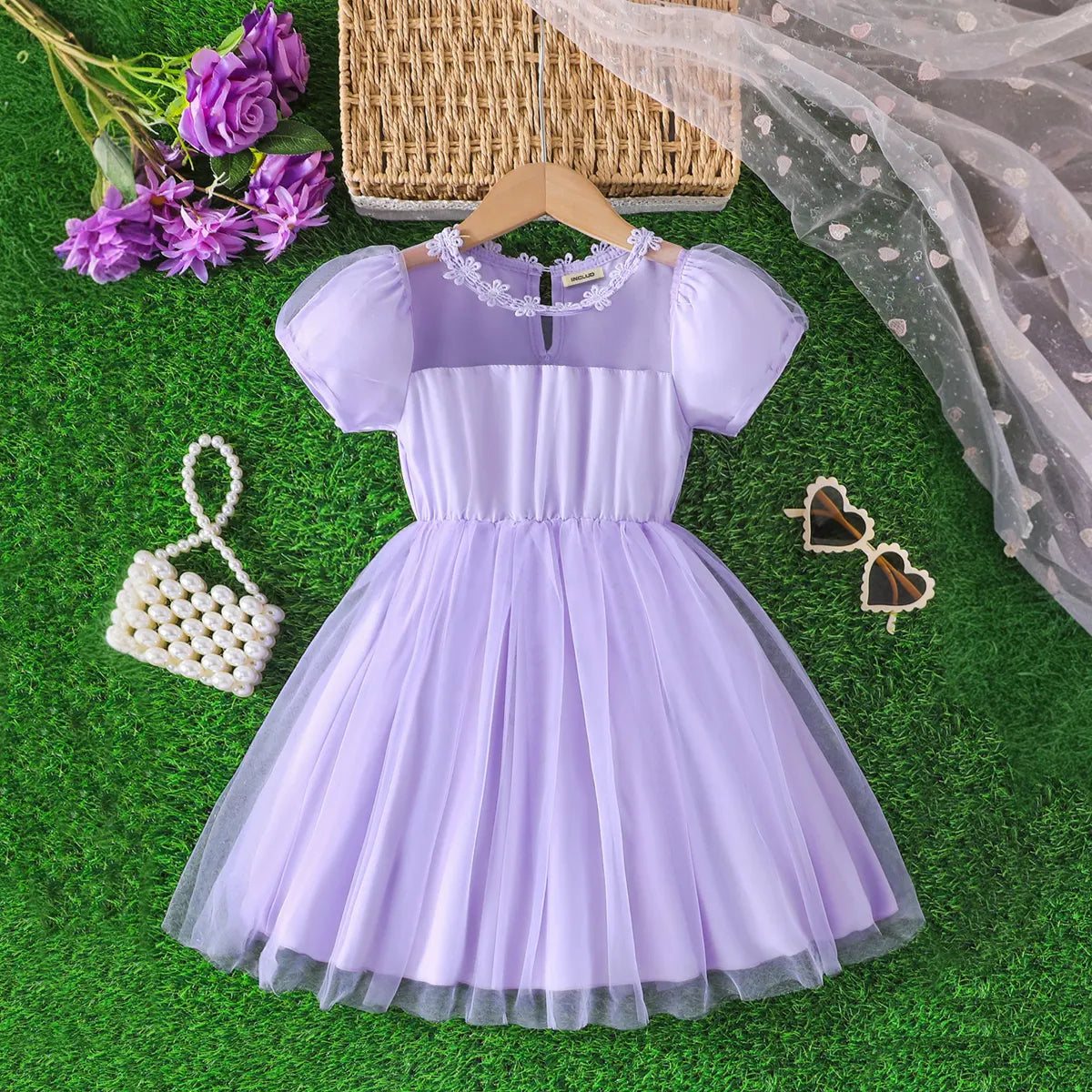 Girls Lilac Tulle Overlay Fit & Flare Dress With Puff Sleeves Casual Dresses Lilac 3-4 Y