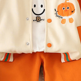 Boys Orange Pumpkin Embroidered Varsity Jacket With T-Shirt & joggers Set Sets