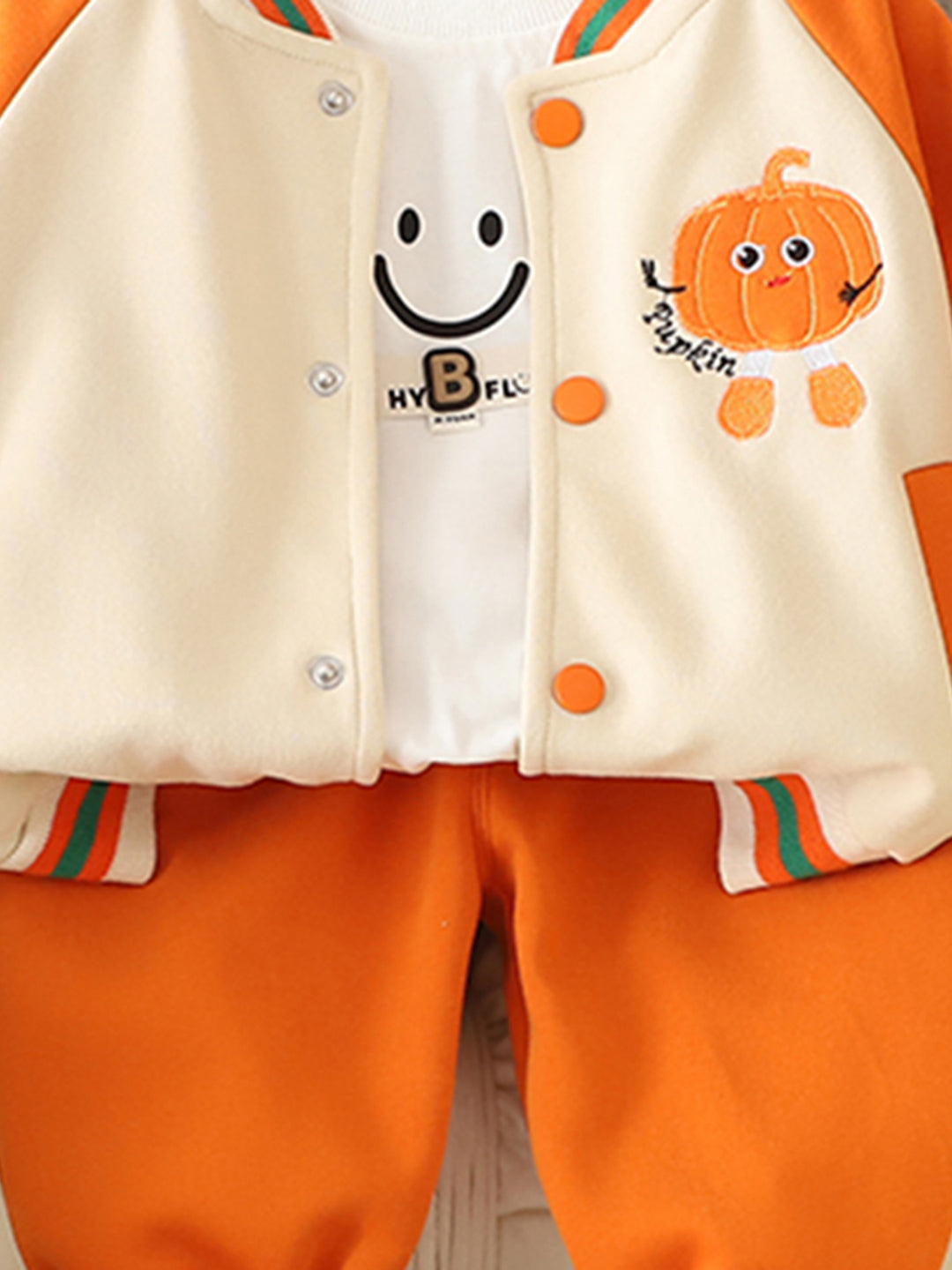 Boys Orange Pumpkin Embroidered Varsity Jacket With T-Shirt & joggers Set Sets