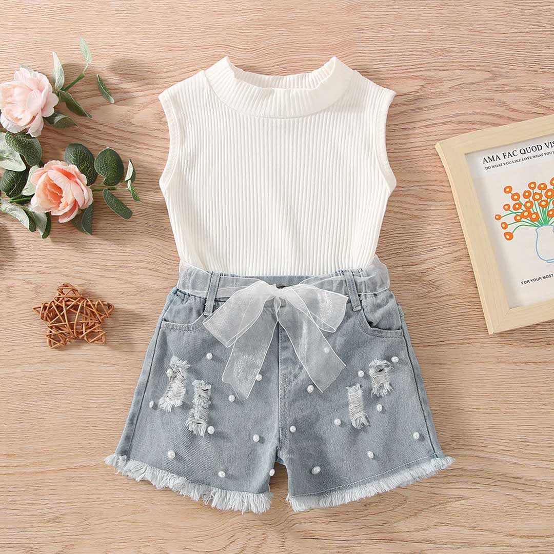 Girls Sleeveless Ribbed Knit Top With Beaded Denim Shorts Set Sets