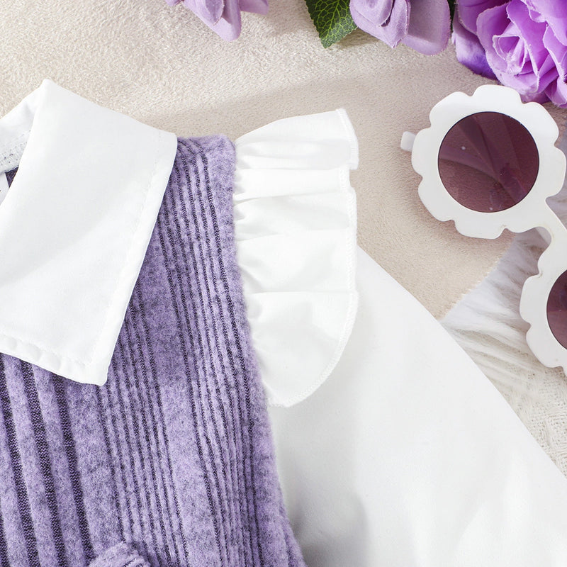 Girls Purple Self-Design Striped Long Sleeves Fit & Flare Dress With Bow Casual Dresses