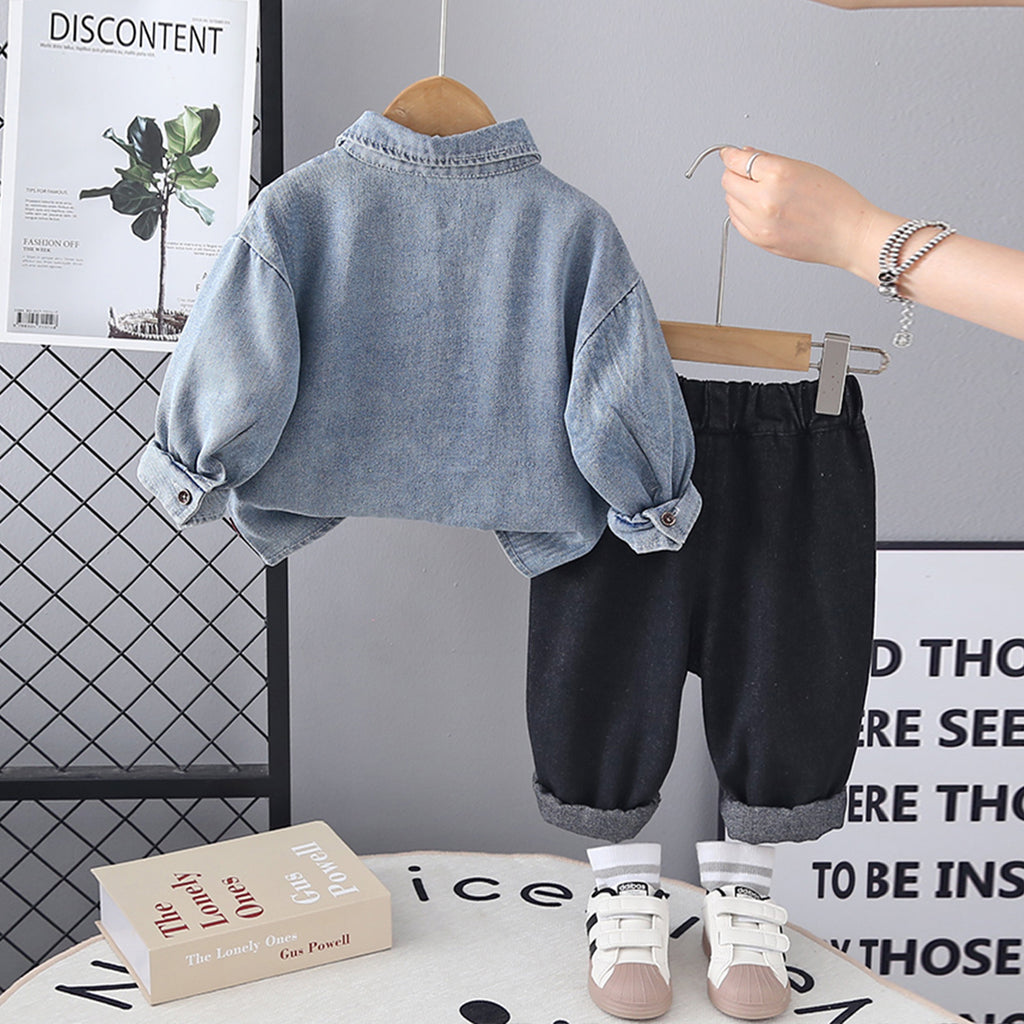 Boys Light Blue Denim Typographic Printed Shirt With T-Shirt & Denim Pants Set Sets