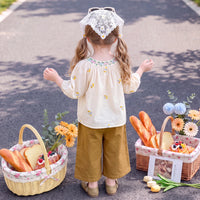 Girls Cream Short Sleeve Floral Embroidered Top With Pants Sets 2 pc. Sets