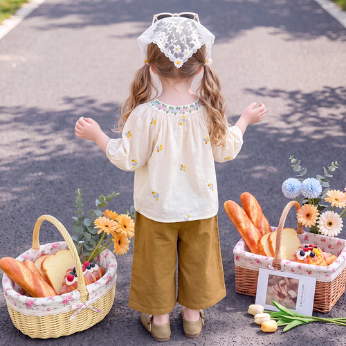 Girls Cream Short Sleeve Floral Embroidered Top With Pants Sets 2 pc. Sets