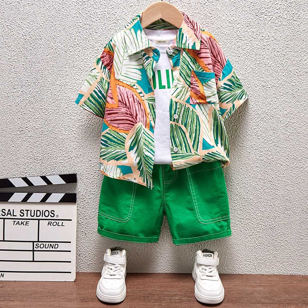 Boys Printed Shirt With Vest & Shorts Set Sets Green 1-2 Y 