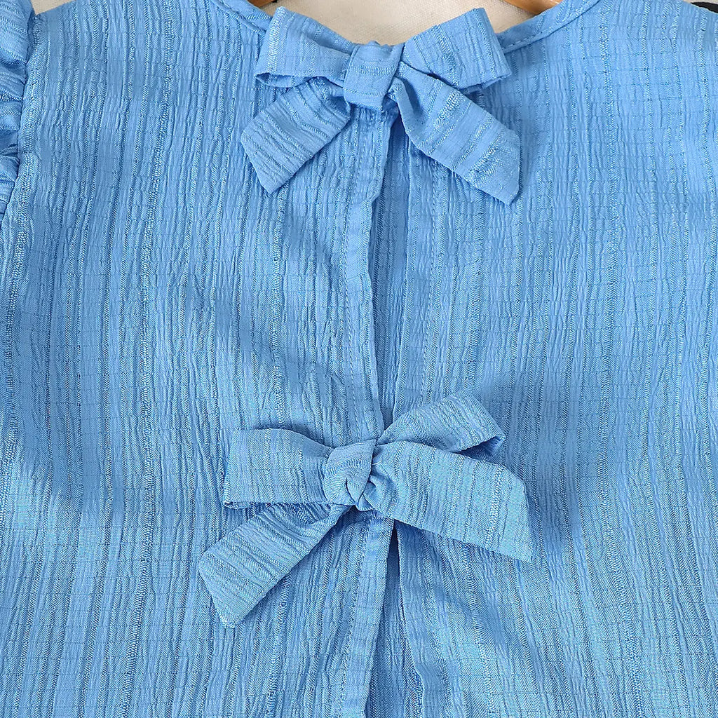 Girls Blue Textured Bow Details Top With Shorts Co-ord Sets Sets