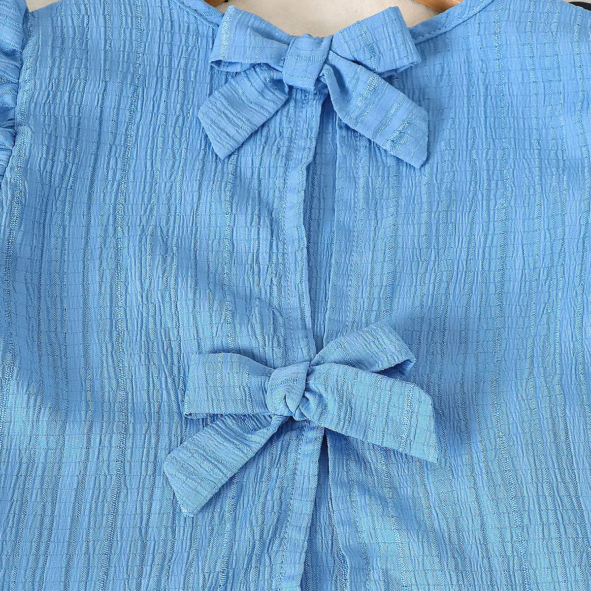 Girls Blue Textured Bow Details Top With Shorts Co-ord Sets Sets