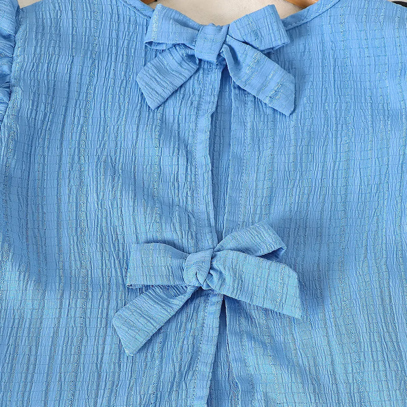 Girls Blue Textured Bow Details Top With Shorts Co-ord Sets Sets