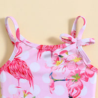 Girls Pink Flamingo Printed Sleeveless Swimwear Bodysuit Beachwear