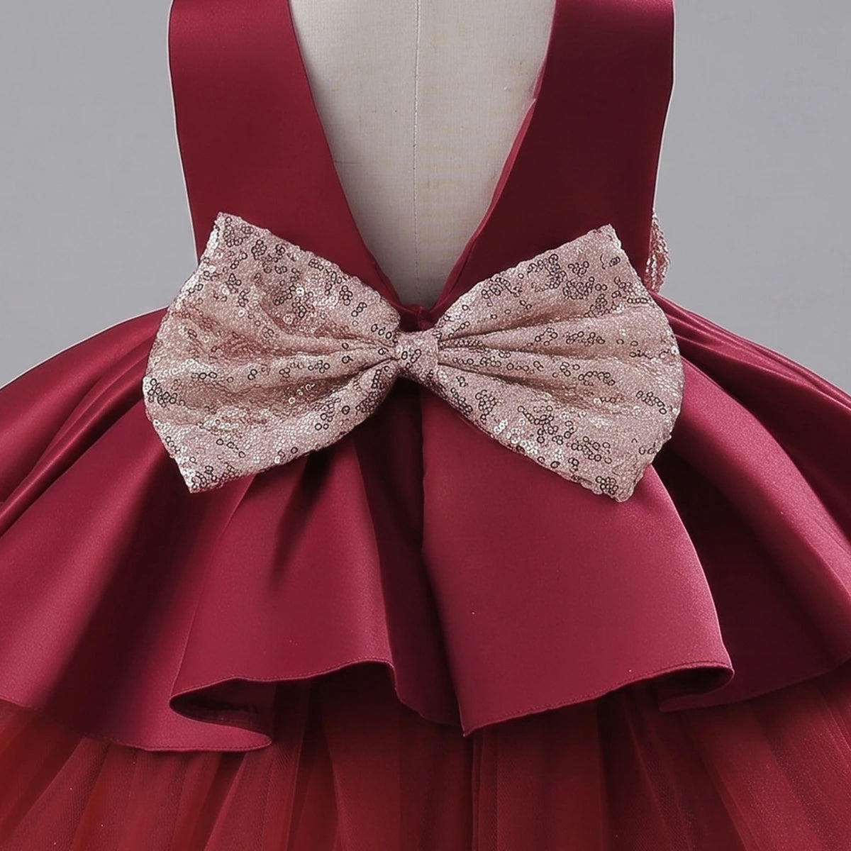 Girls Maroon Flared Party Wear Dress With Sequin Bow Party Dresses